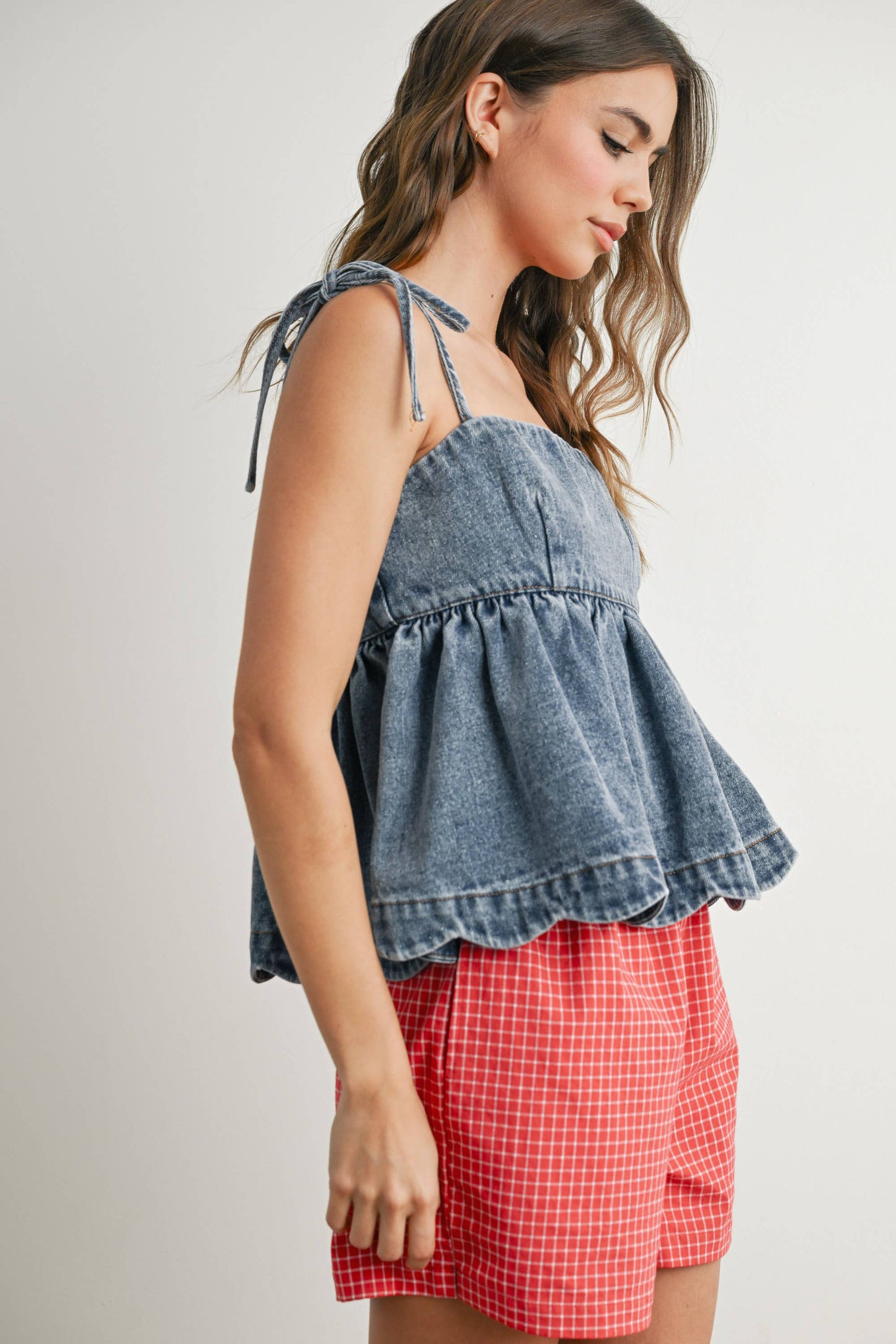 Denim Tie-Strap Peplum Top - BMT7722