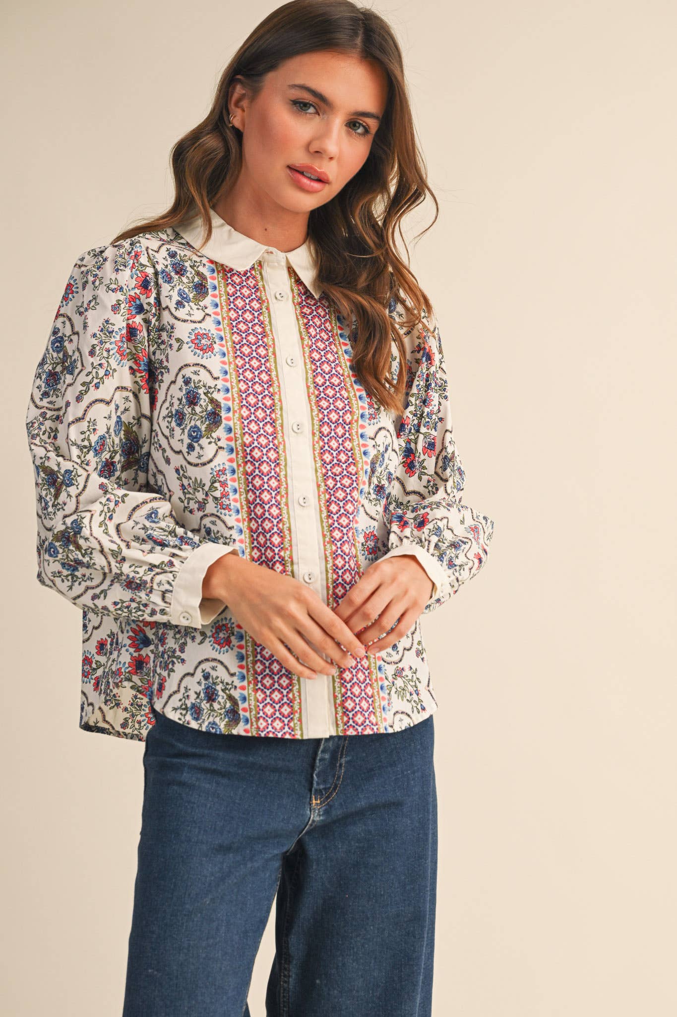 EXCLUSIVE FLORAL BORDER PRINT BUTTON UP TOP MTP4126