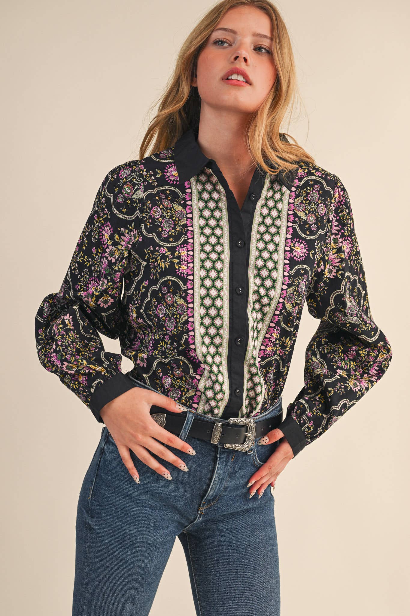 EXCLUSIVE FLORAL BORDER PRINT BUTTON UP TOP MTP4126