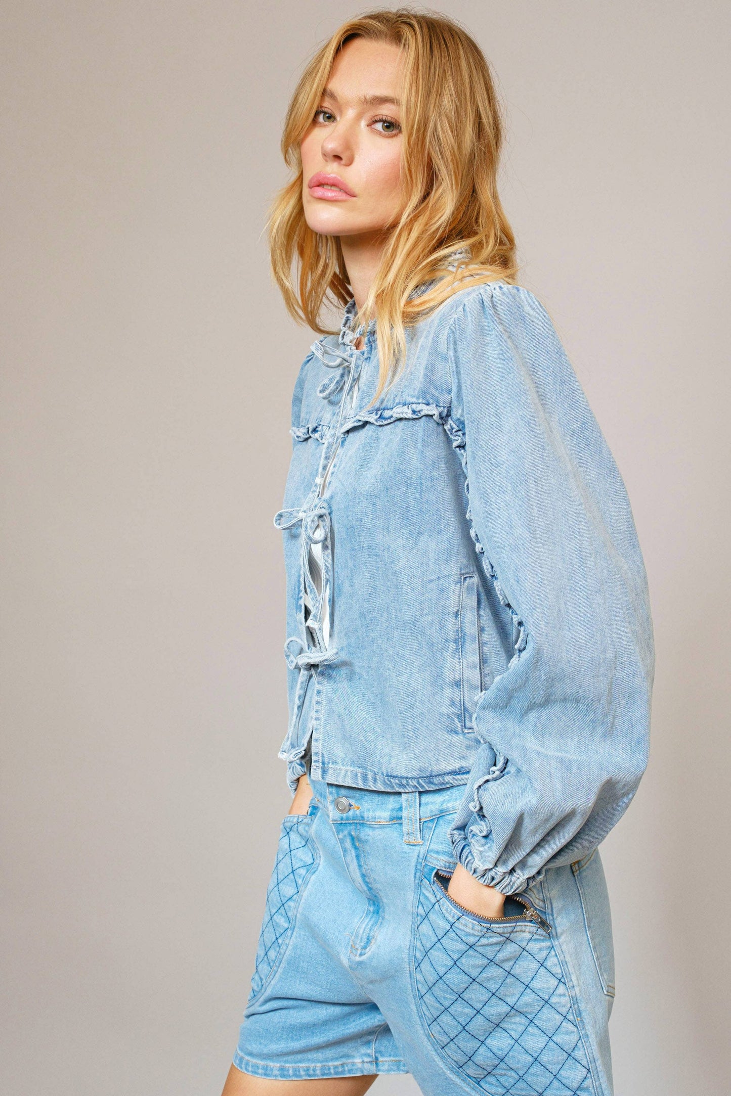 Ruffle Yoke Sleeve Tie Front Denim Jacket