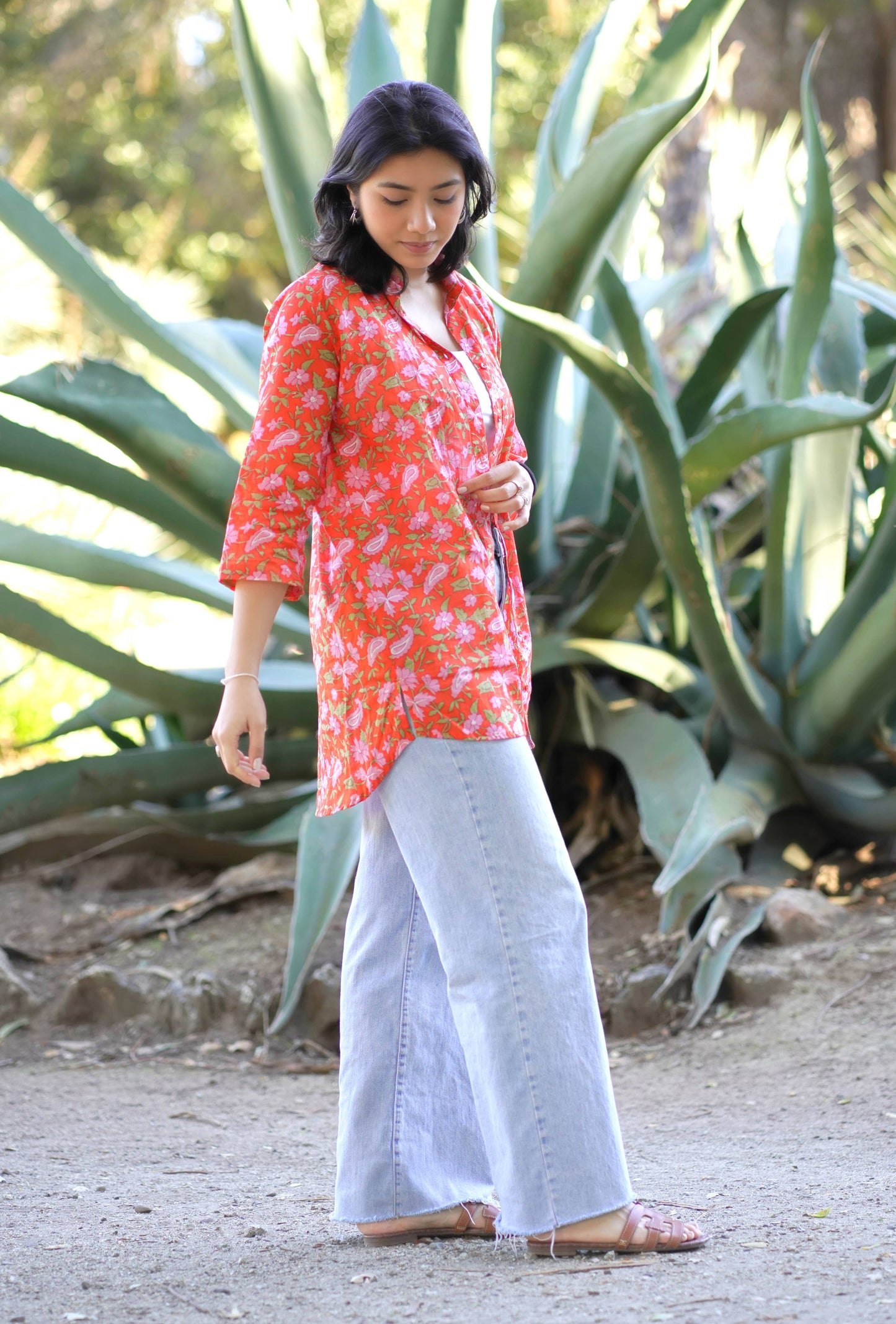Nina Floral Button Down Shirt Coral