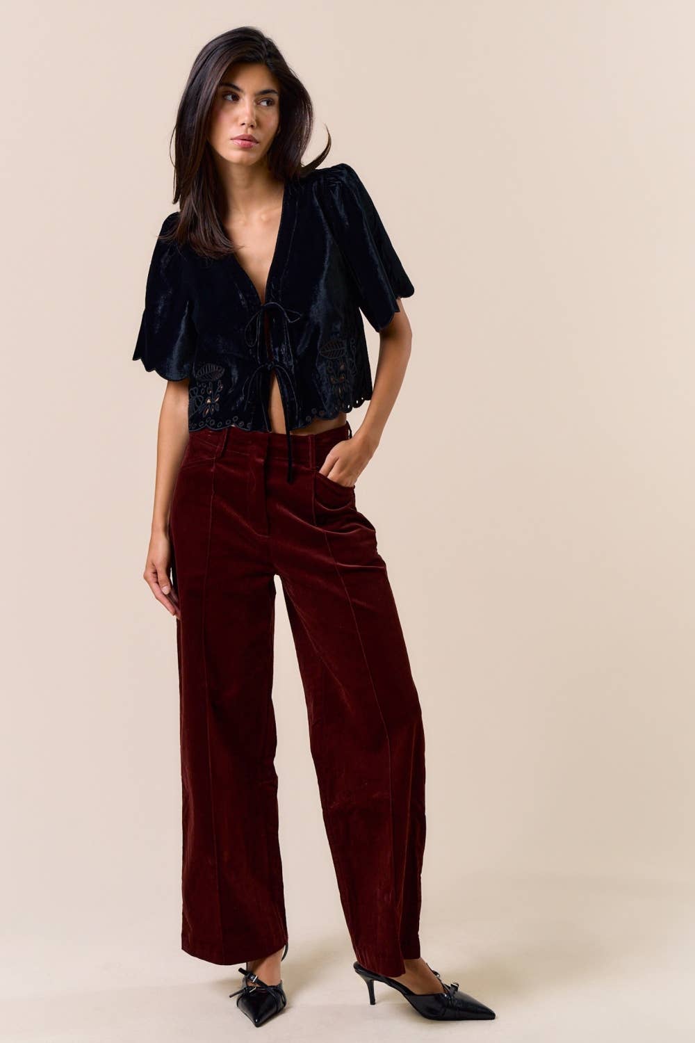 ILT6175-1 Velvet Peplum Top with Tie Front