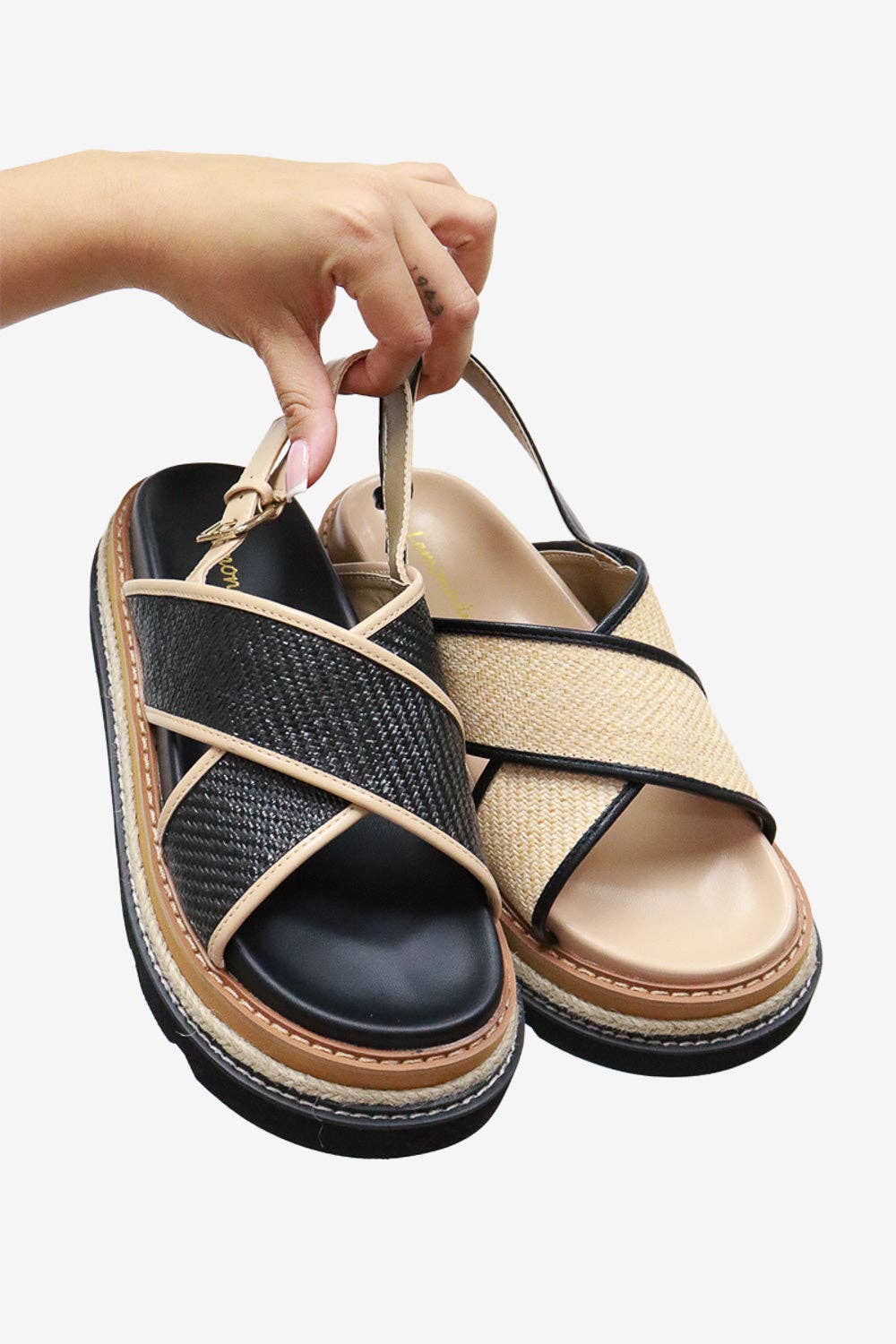 ODI - Tropical Platform Sandals, Woven Straps, Stylish Black