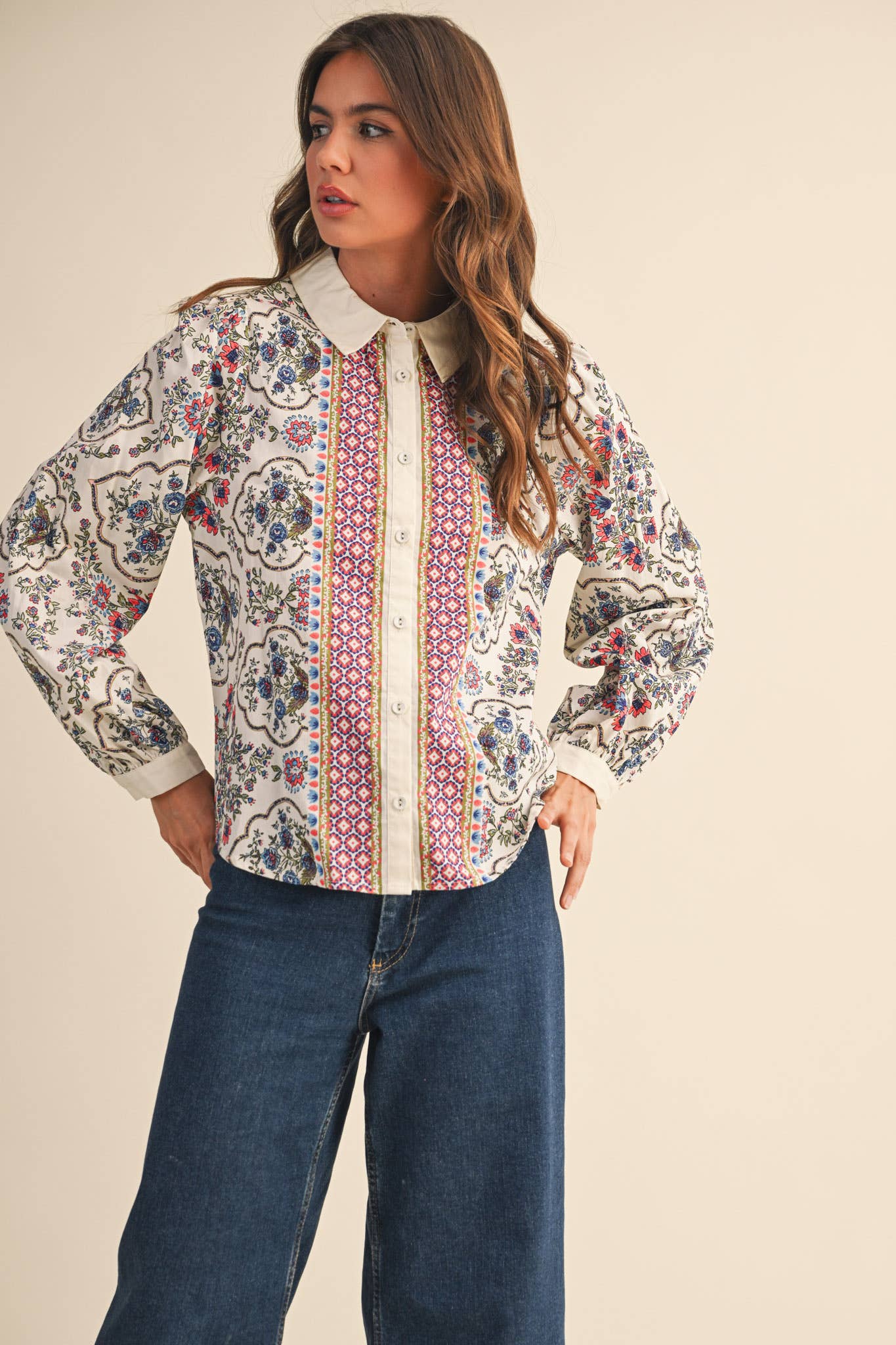 EXCLUSIVE FLORAL BORDER PRINT BUTTON UP TOP MTP4126