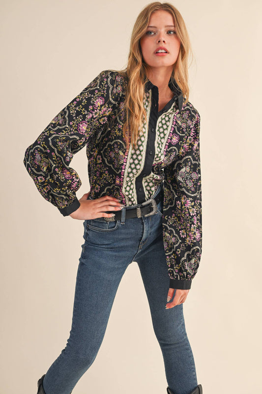 EXCLUSIVE FLORAL BORDER PRINT BUTTON UP TOP MTP4126