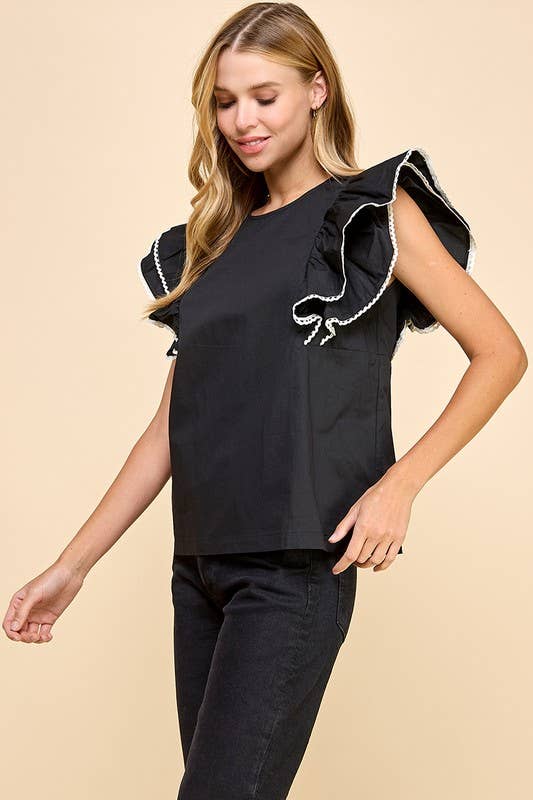 CT9010-Contrast Color Trim Ruffle Sleeve Top
