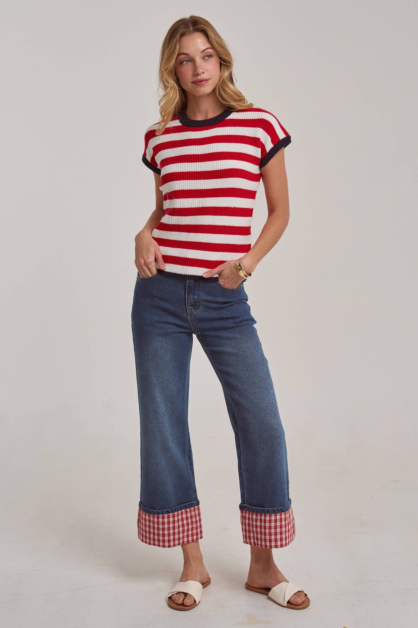MID RISE STRAIGHT LEG JEANS WITH GINGHAM CHECK CUFF HEM