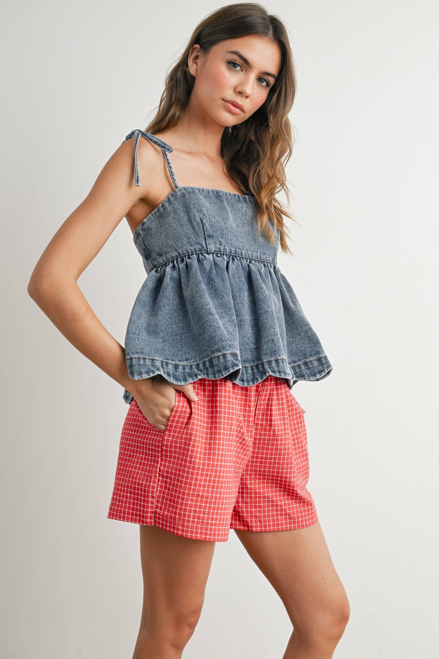 Denim Tie-Strap Peplum Top - BMT7722