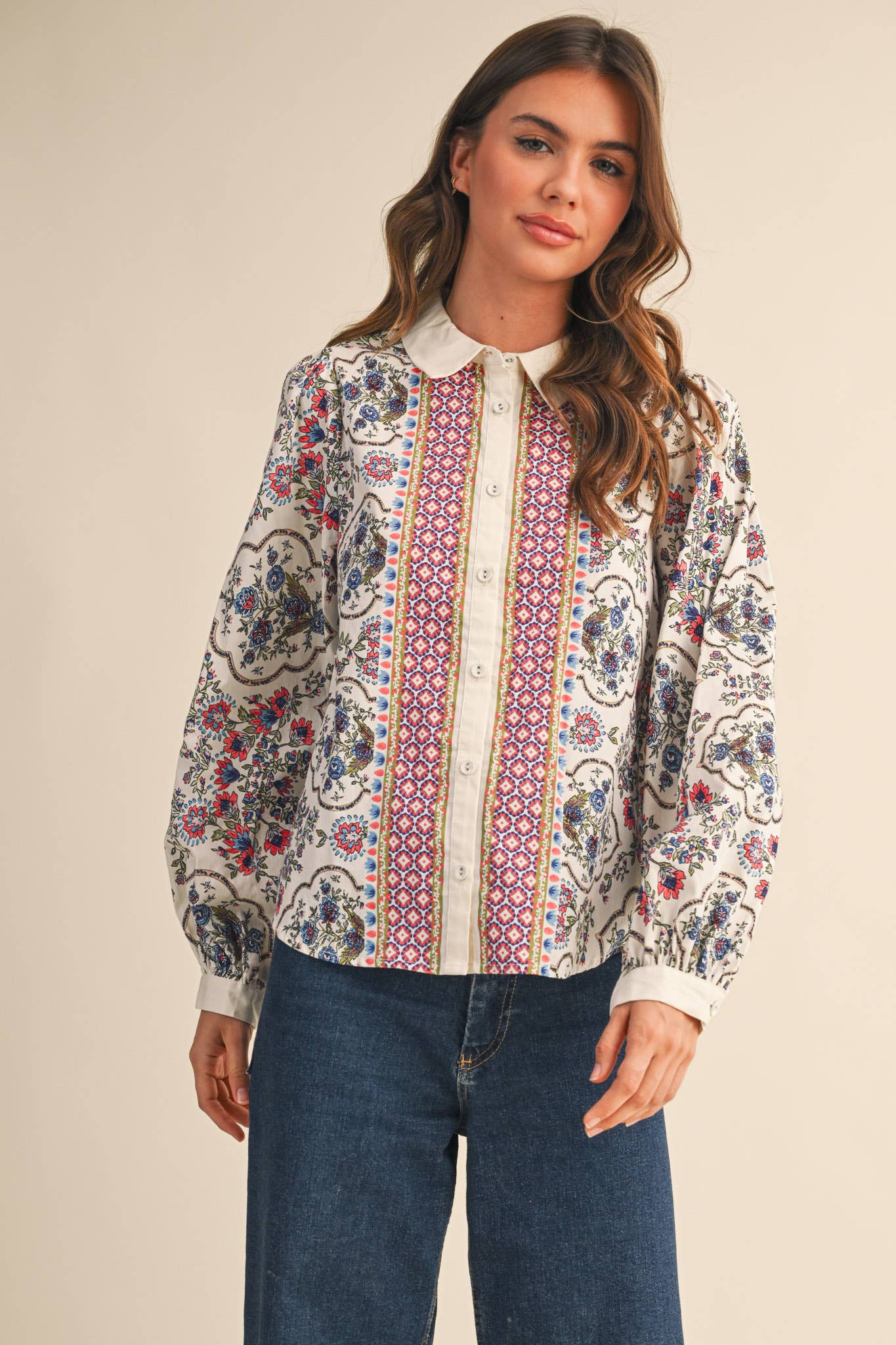 EXCLUSIVE FLORAL BORDER PRINT BUTTON UP TOP MTP4126