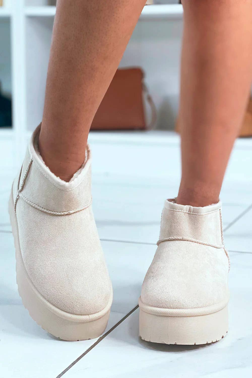 Cream Ultra Mini Platform Women Faux Fur Slip-On Ankle Boots