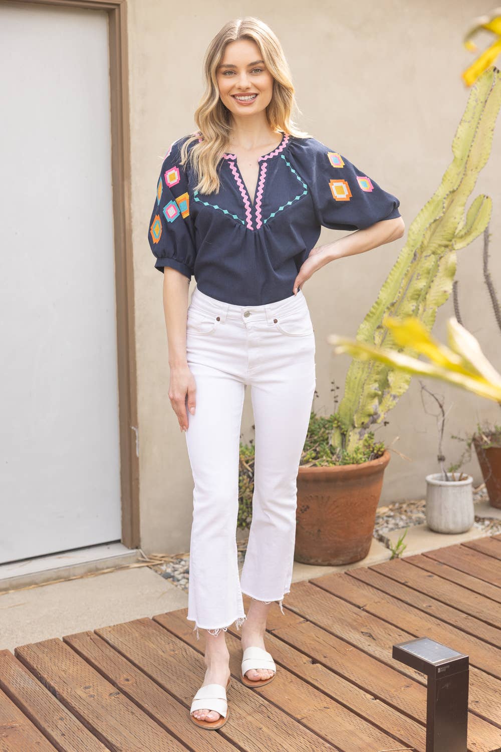 Geometric Embroidered Puff Sleeve with Zig Zag Trim To