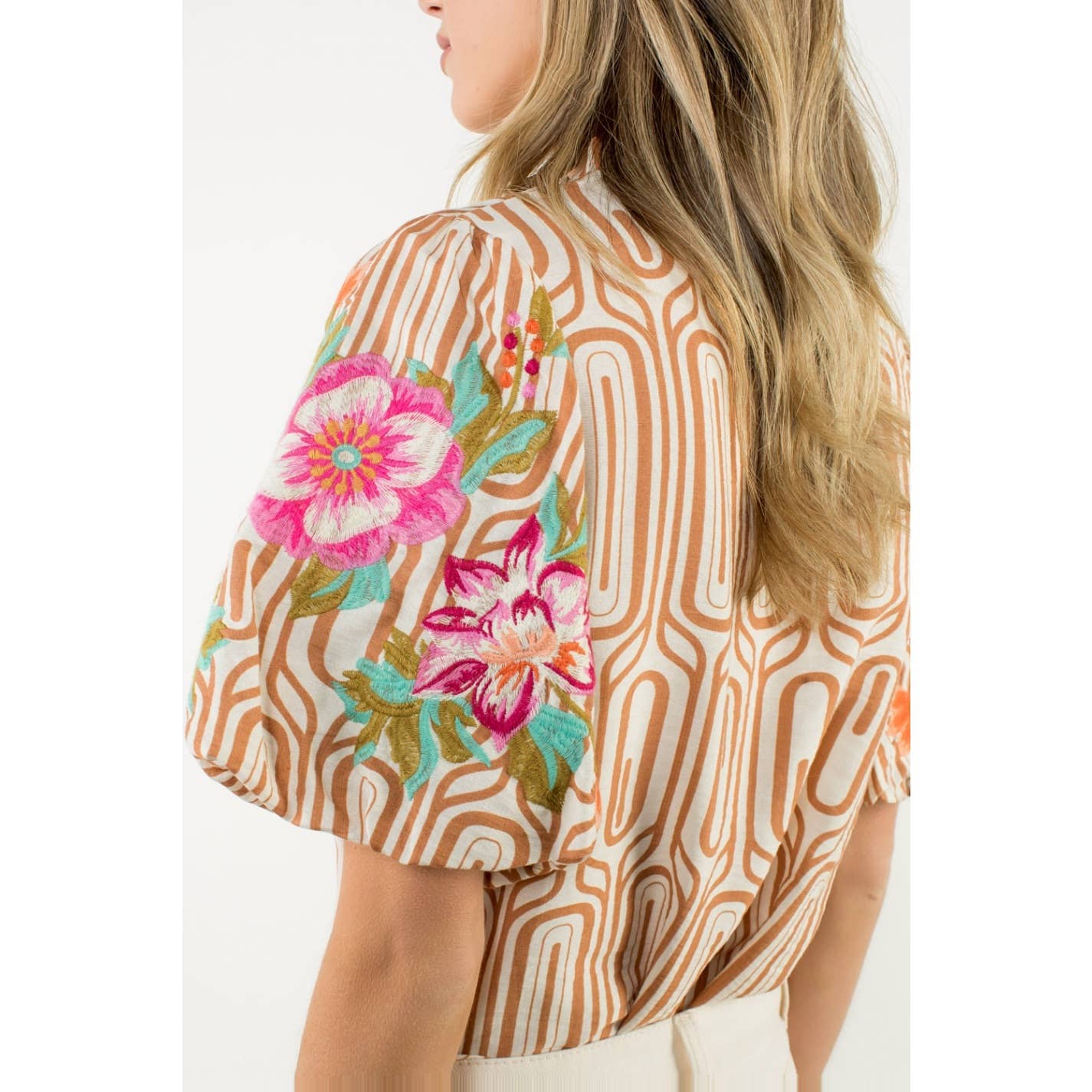 Flower Embroidered Puff Sleeve Print Top