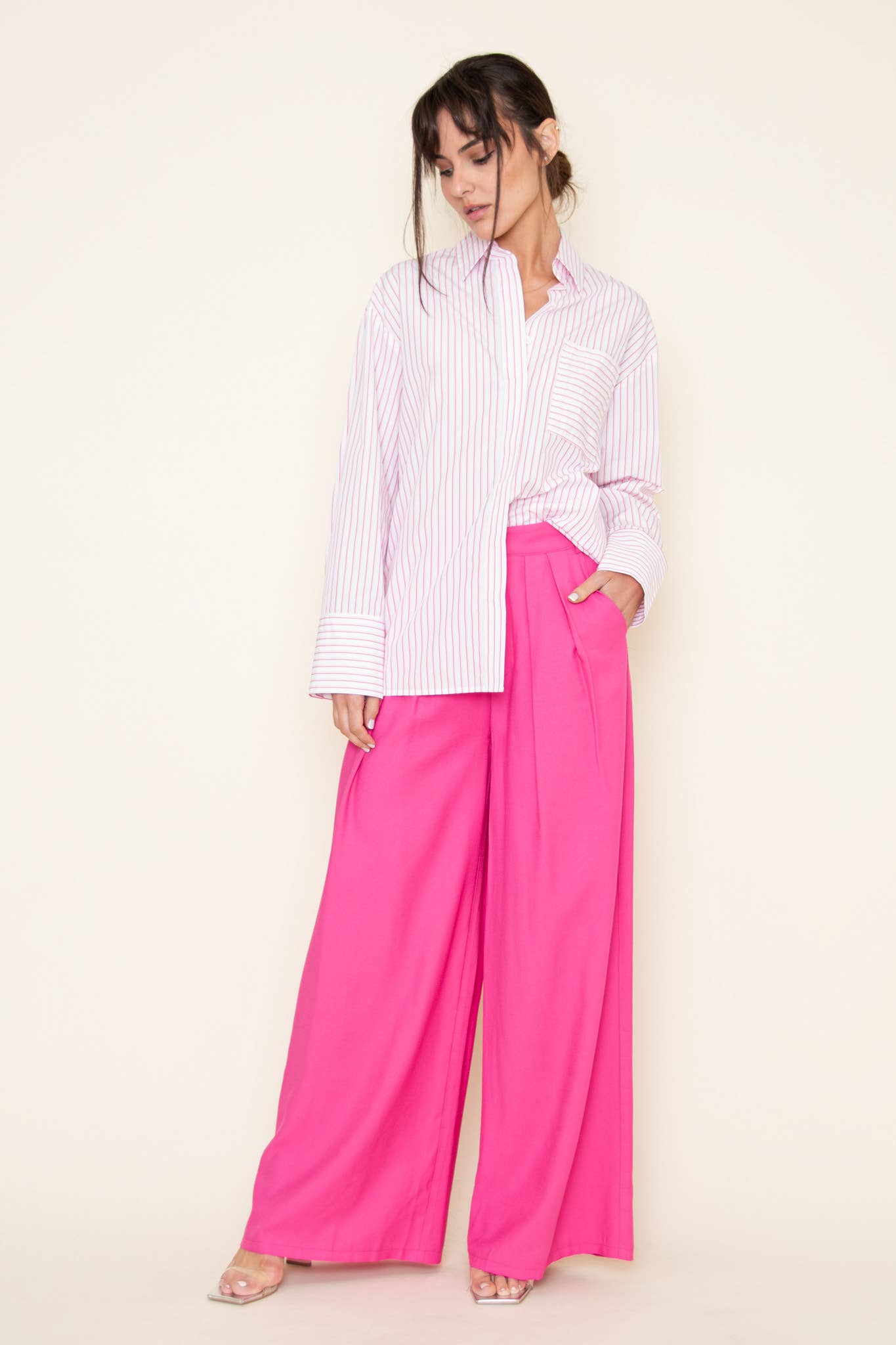 TRENDY PLEATED STRAIGHT LEG HIGH WAISTED TROUSERS -PI5491FO