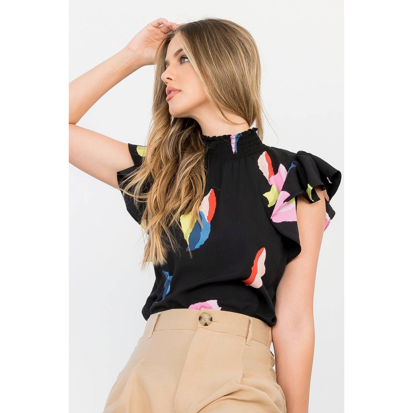 Flutter Sleeve Smocked Neck Top
