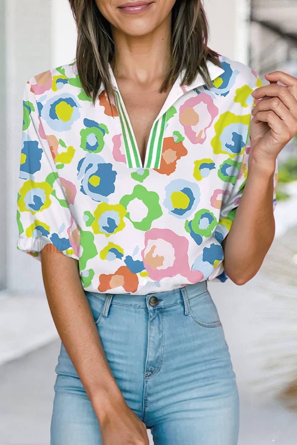 Leopard V-neck Short Sleeve Shift Blouse | S-XL
