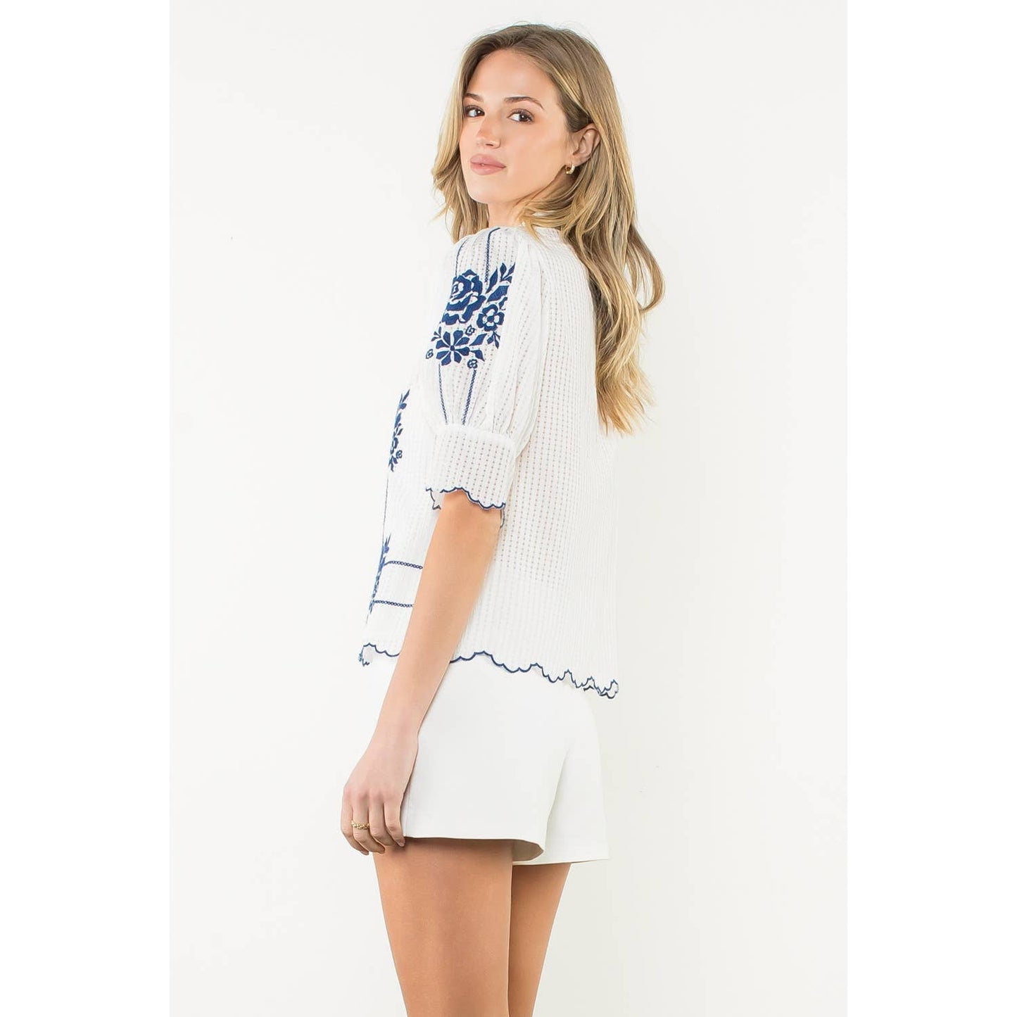 Embroidered Puff Sleeve V-Neck Top