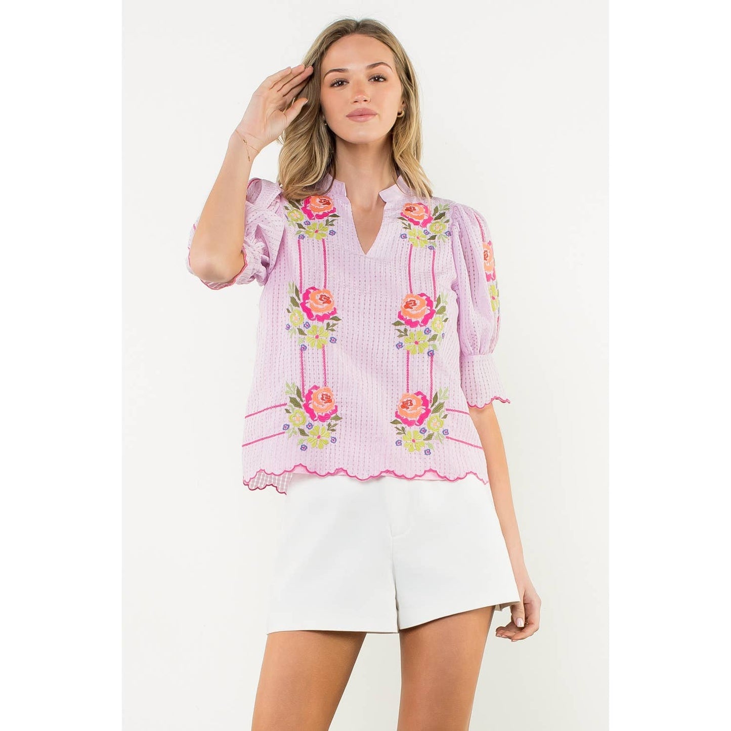 Embroidered Puff Sleeve V-Neck Top