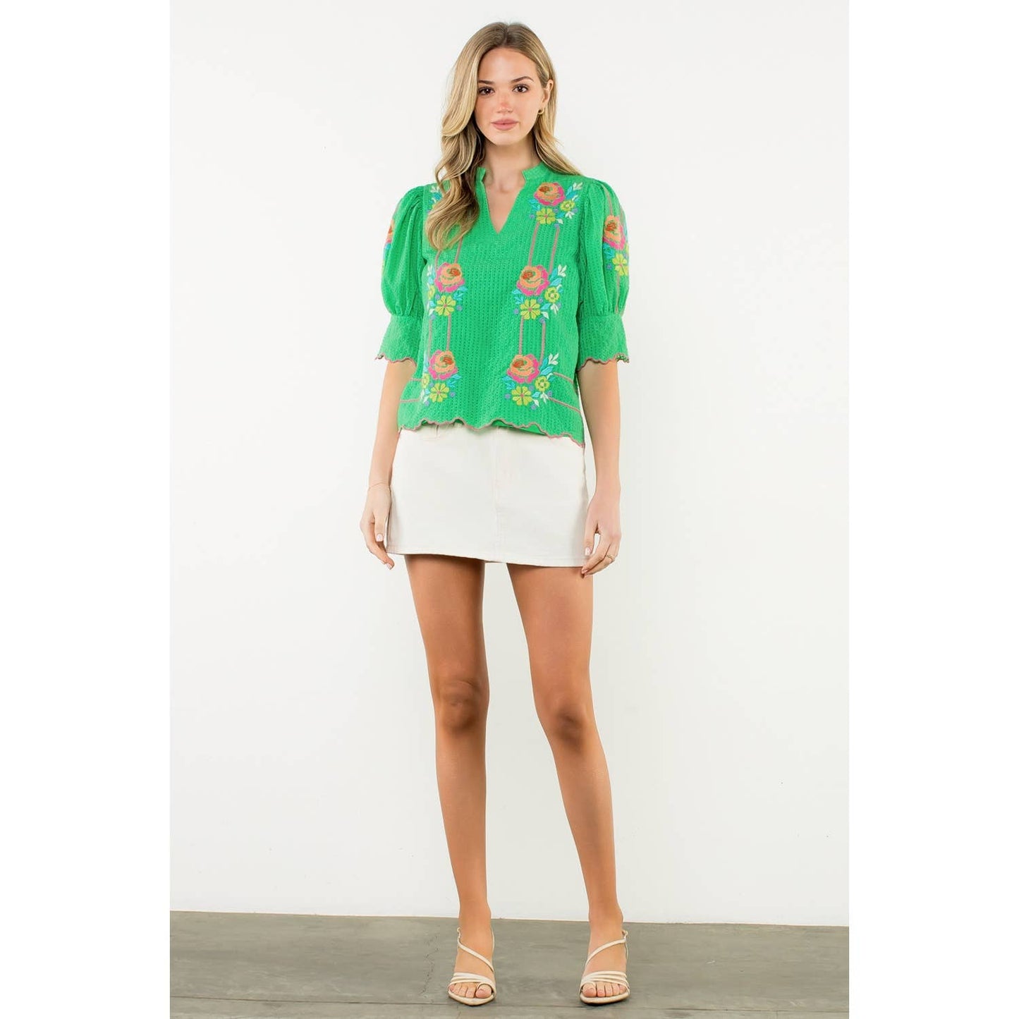 Embroidered Puff Sleeve V-Neck Top