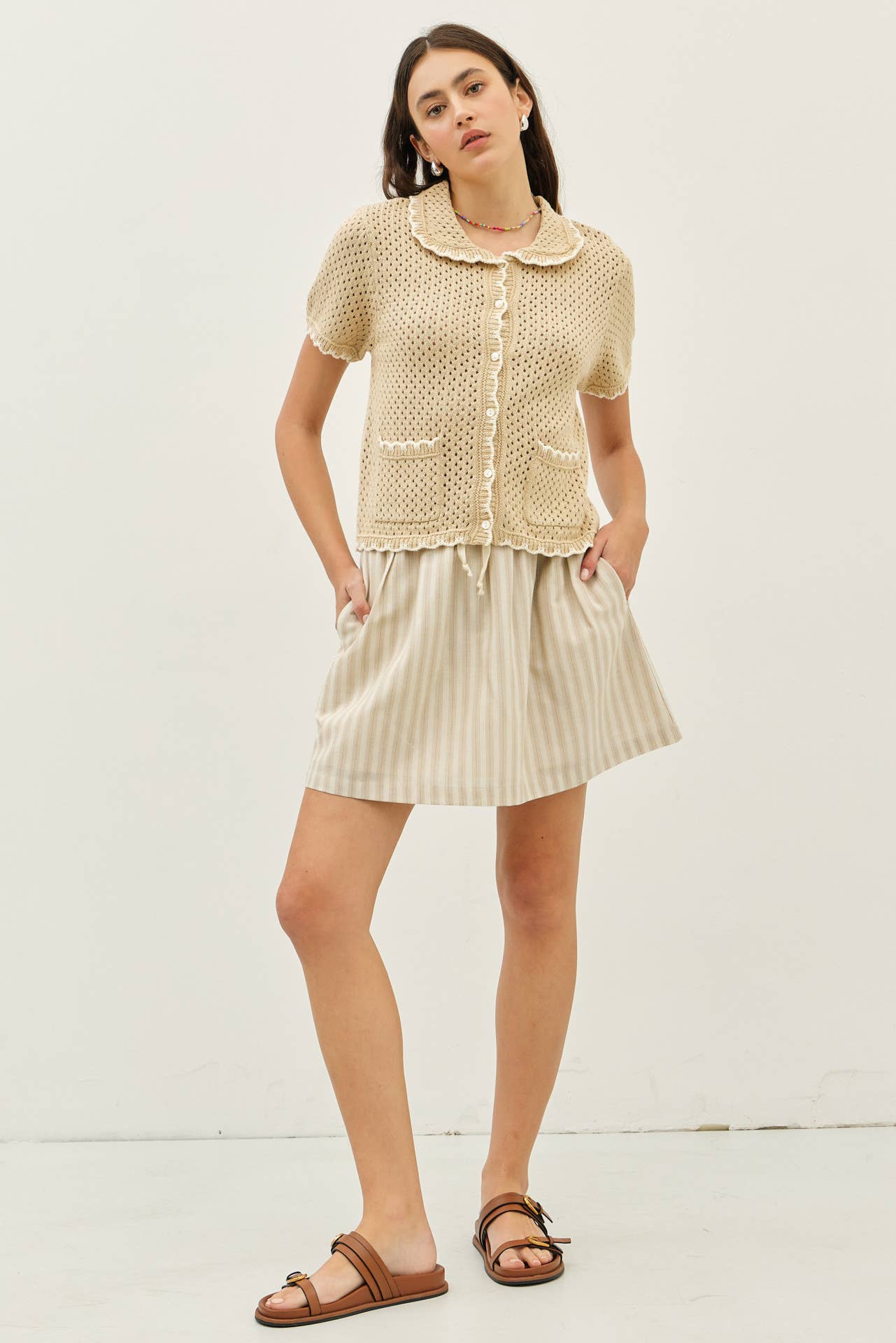 CONTRAST SCALLOP BUTTON-DOWN SWEATER CARDIGAN WITH POCKETS