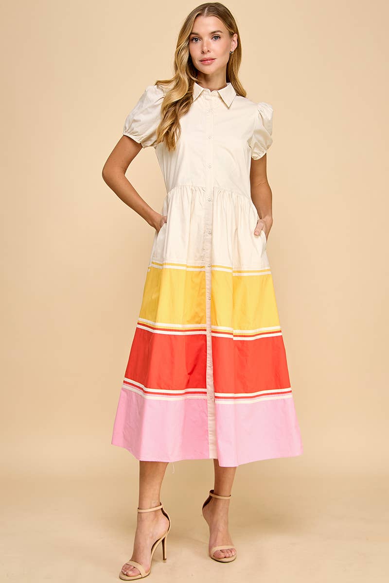 CD05299-Short Puff Sleeves Color Block Hem Button Up Dress