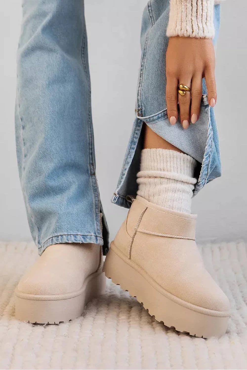 Cream Ultra Mini Platform Women Faux Fur Slip-On Ankle Boots