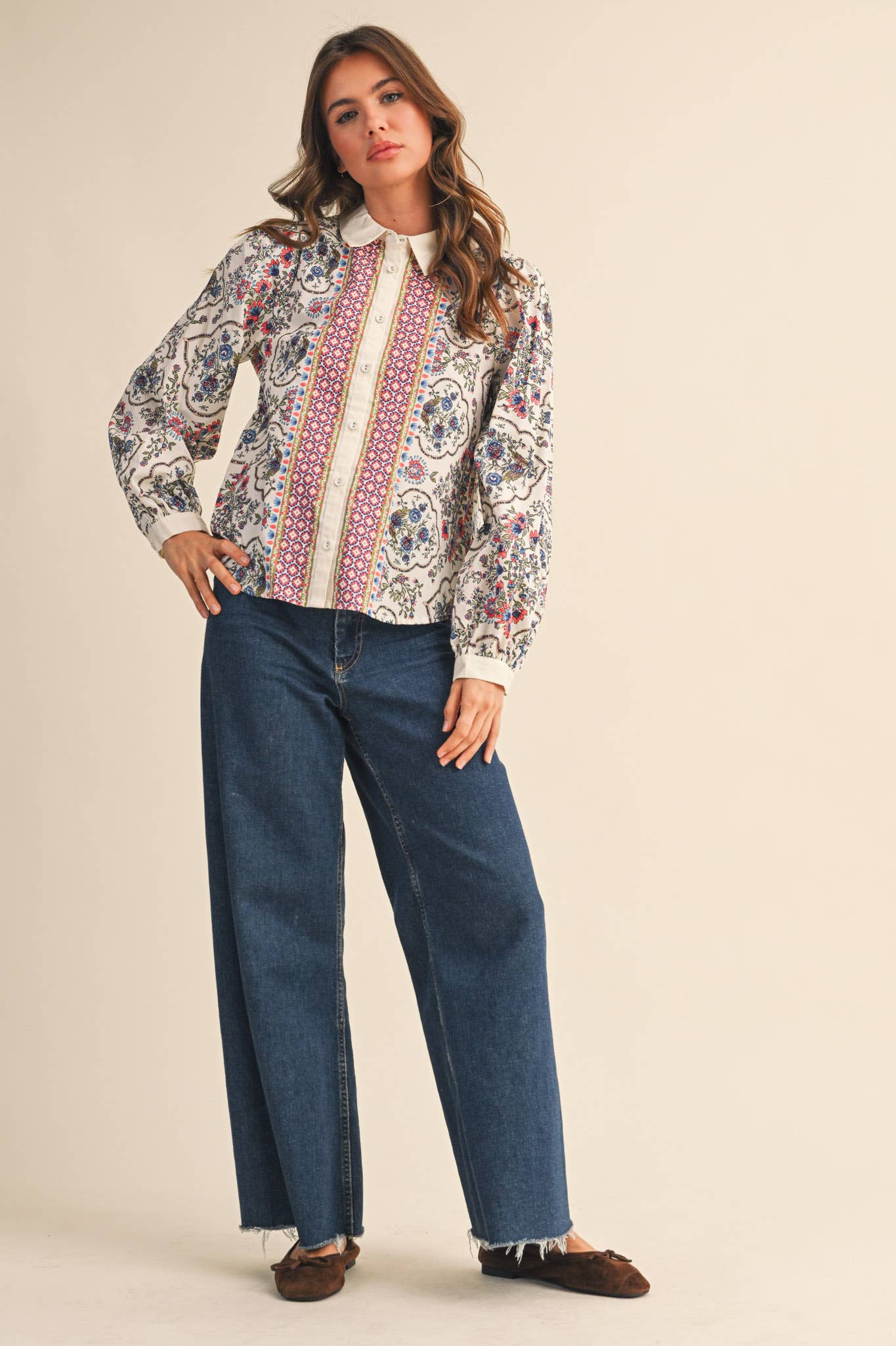 EXCLUSIVE FLORAL BORDER PRINT BUTTON UP TOP MTP4126