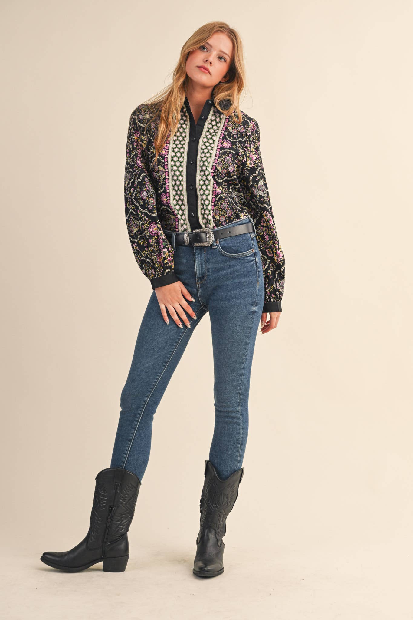 EXCLUSIVE FLORAL BORDER PRINT BUTTON UP TOP MTP4126