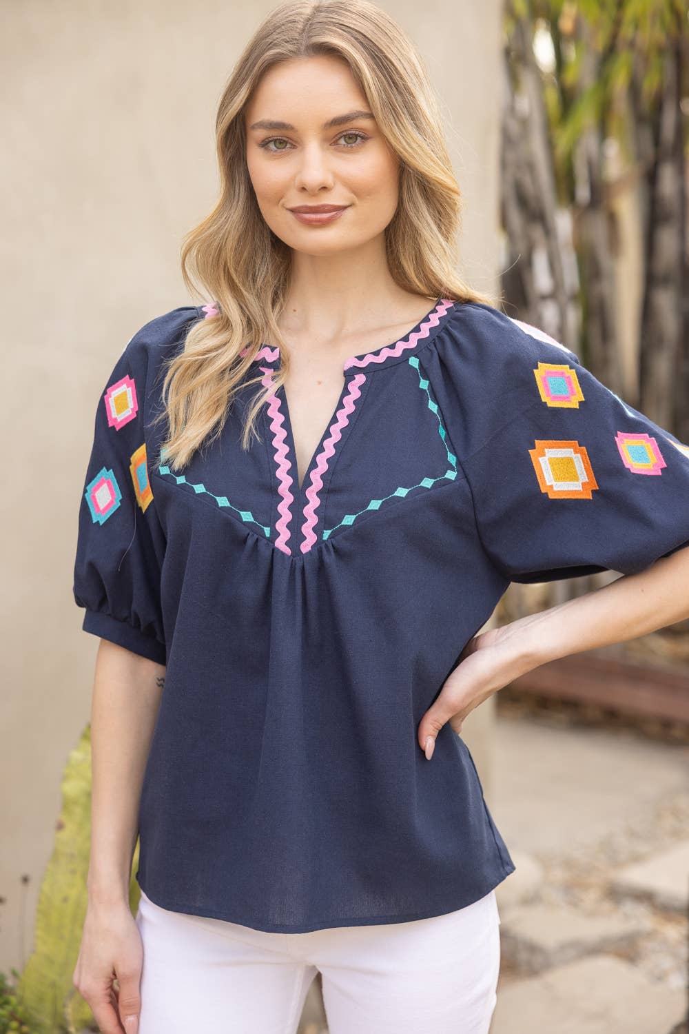 Geometric Embroidered Puff Sleeve with Zig Zag Trim To
