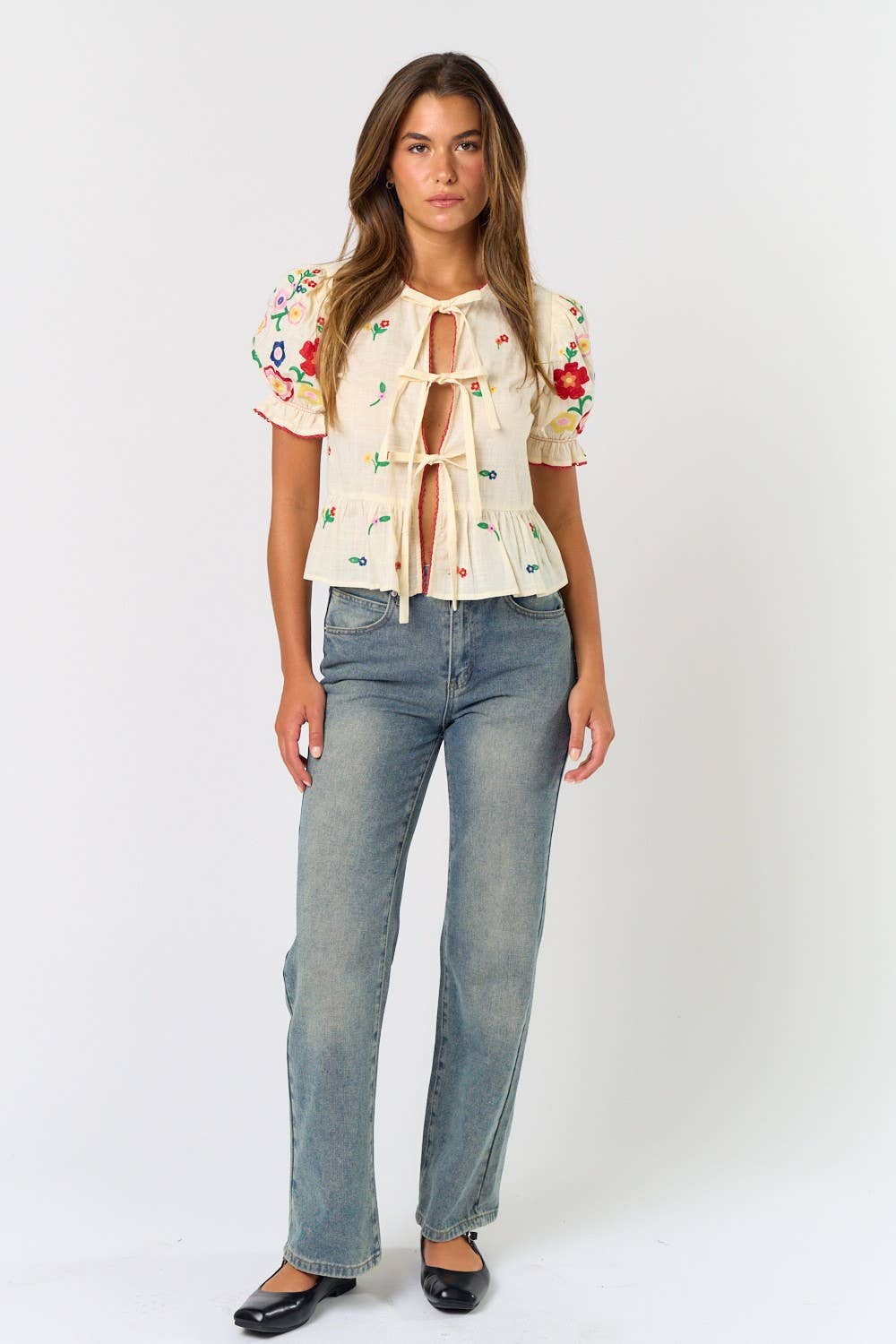 FRONT TIE COLORFUL EMBROIDERED SHORT SLEEVE TOP