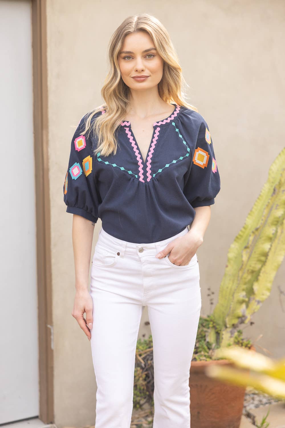 Geometric Embroidered Puff Sleeve with Zig Zag Trim To