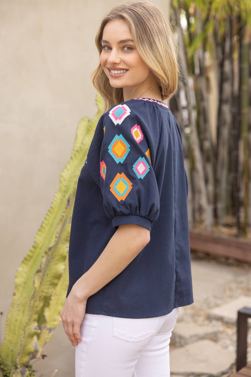Geometric Embroidered Puff Sleeve with Zig Zag Trim To