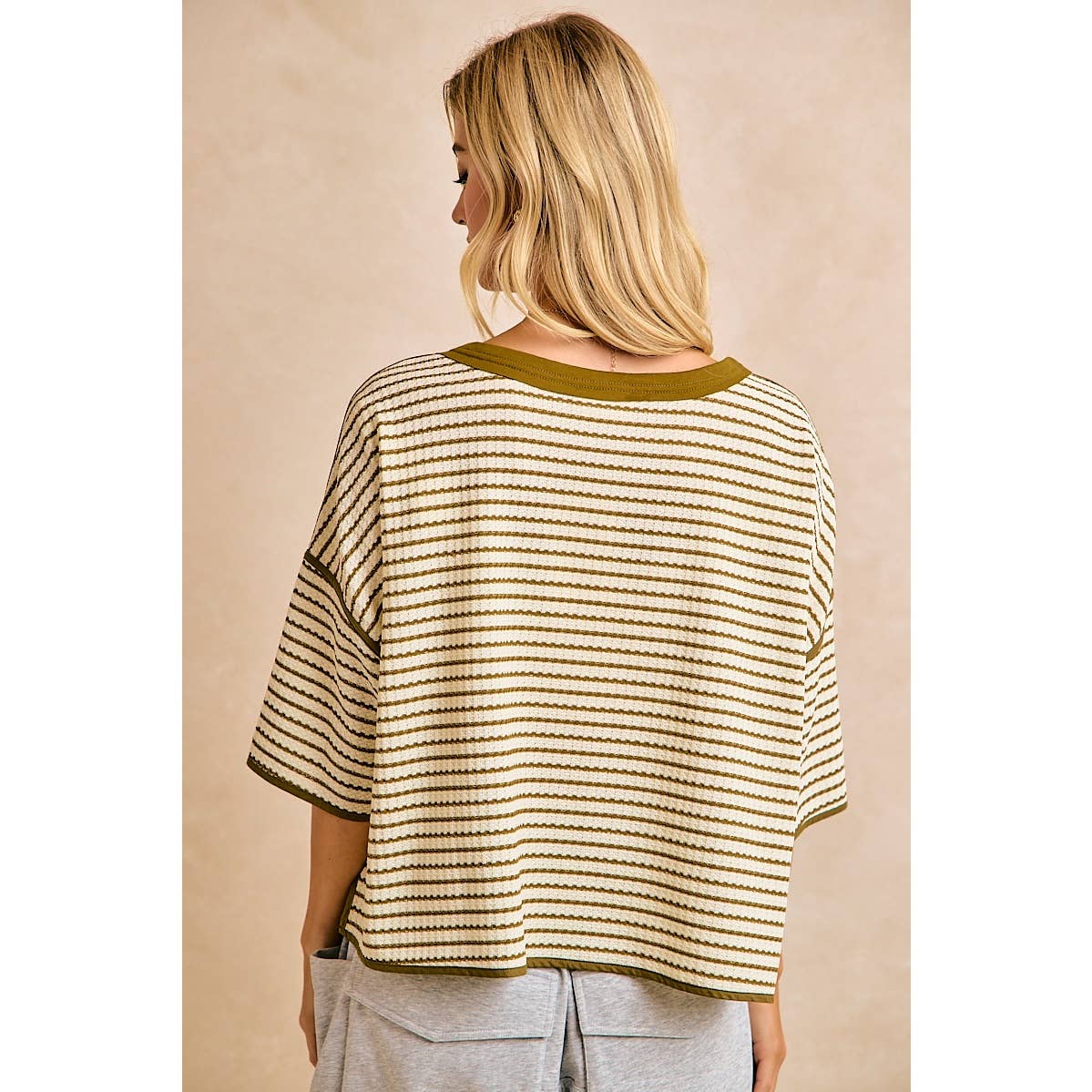 WAFFLE STRIPE WITH BINDING DETAIL RELAXED FIT TOP