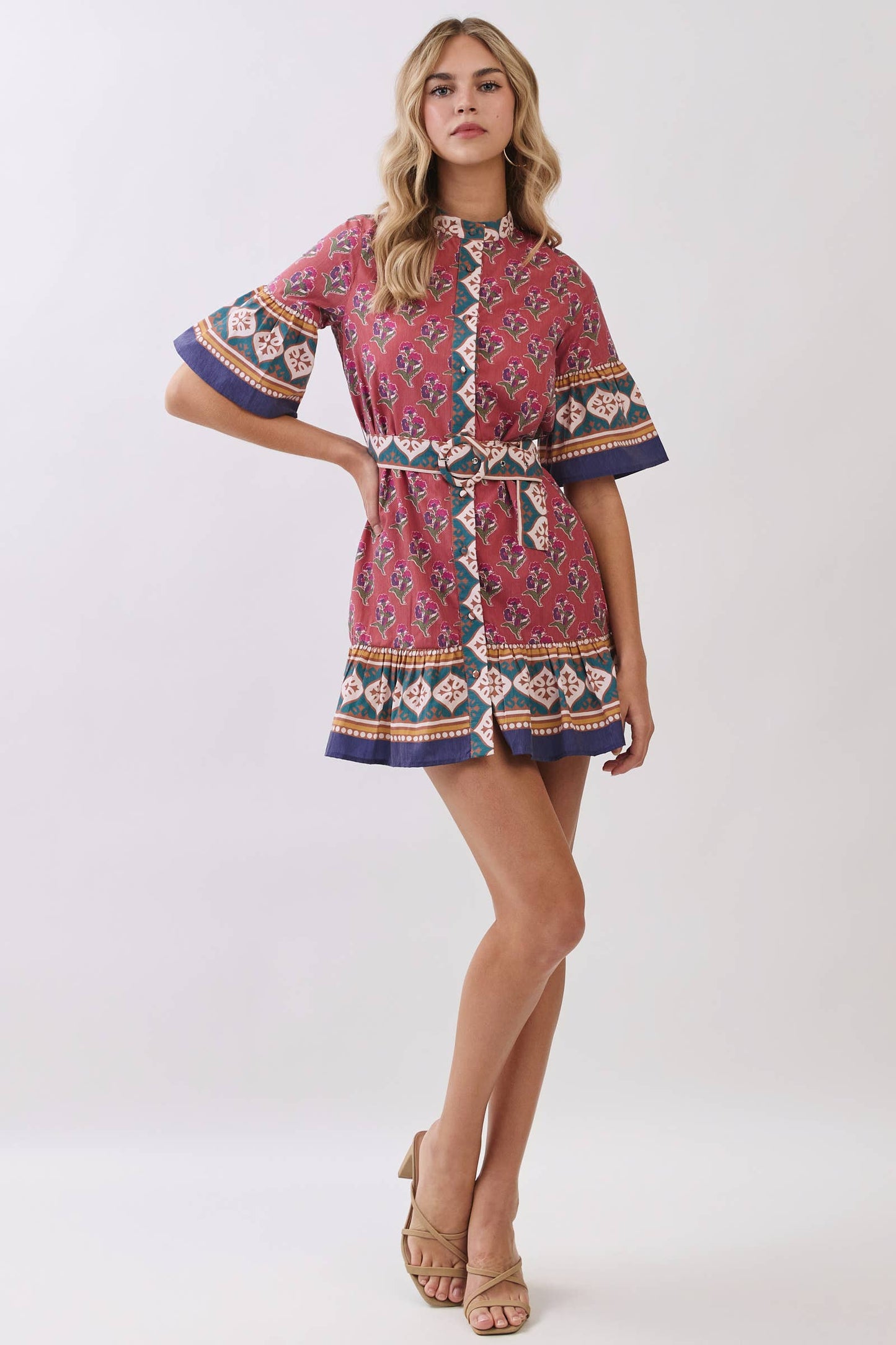 CD06716-Printed Belted Mini Dress with Contrast Border