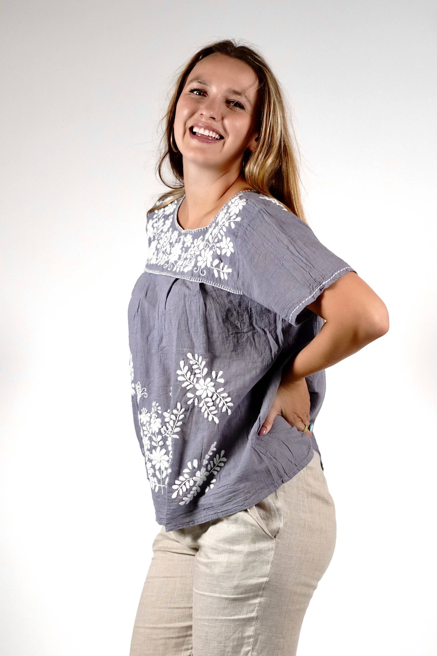 Willow Embroidered Top Grey