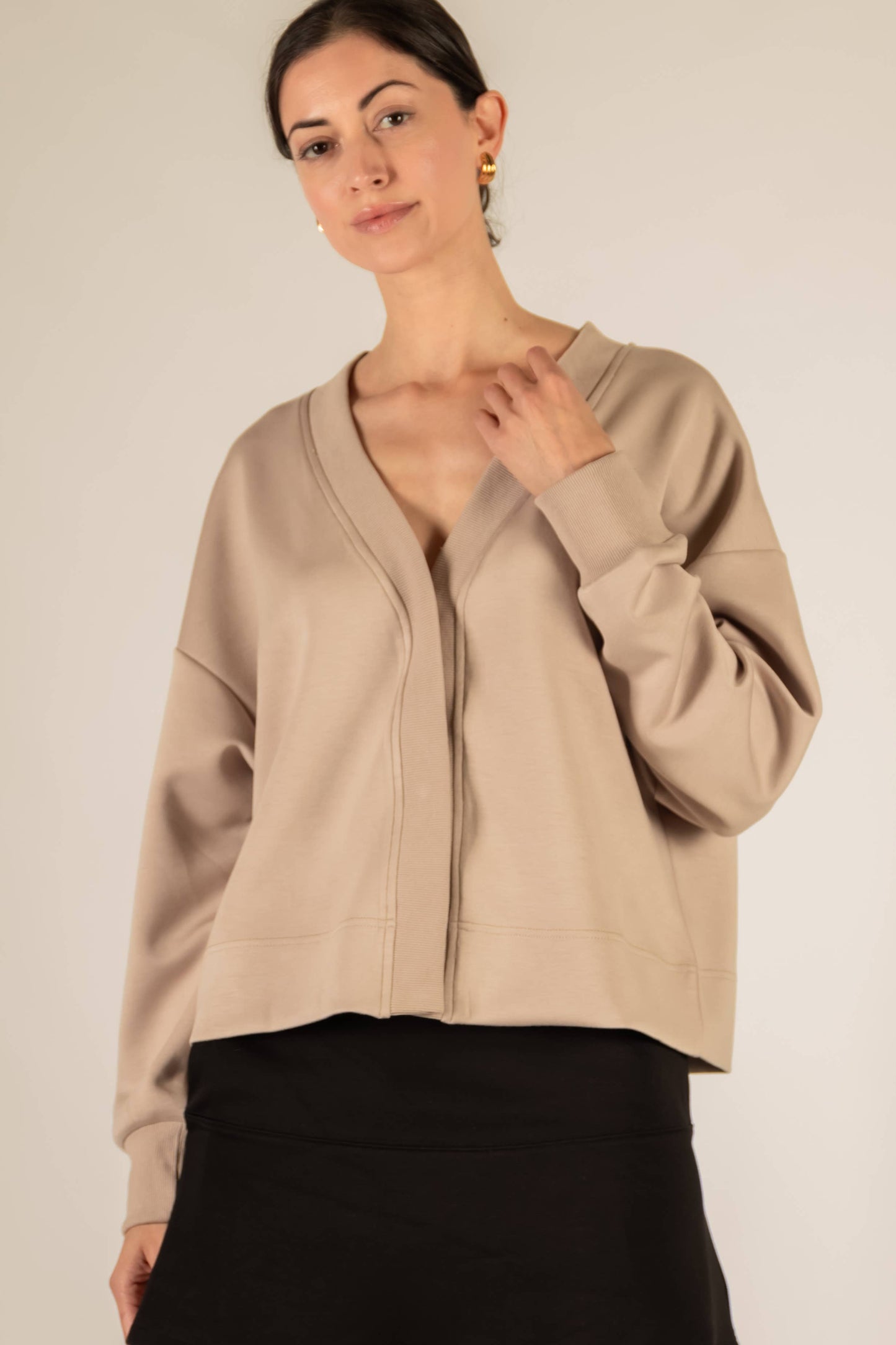 P. CILL Butter Modal Rib Contrast Oversized Cropped Cardigan