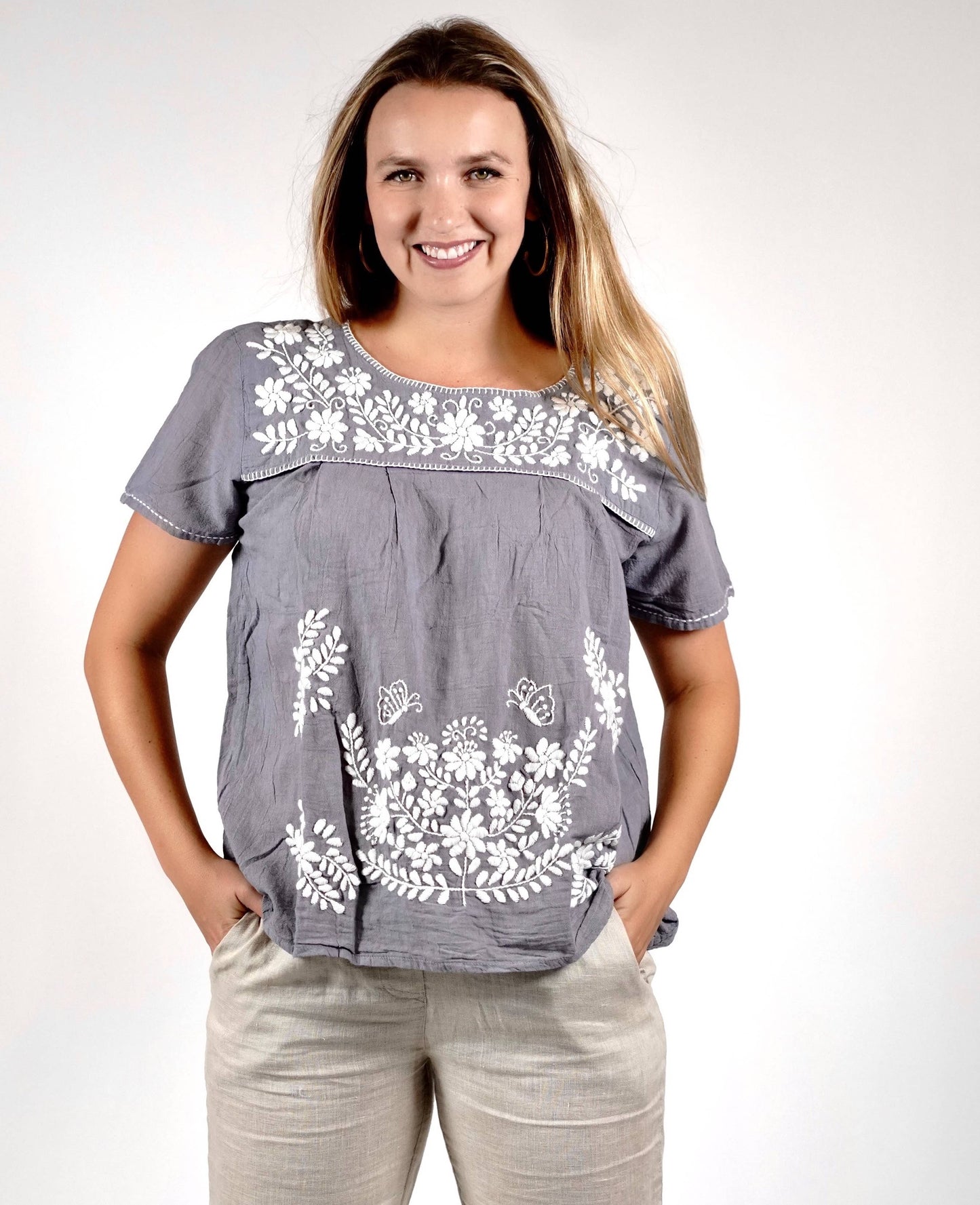 Willow Embroidered Top Grey