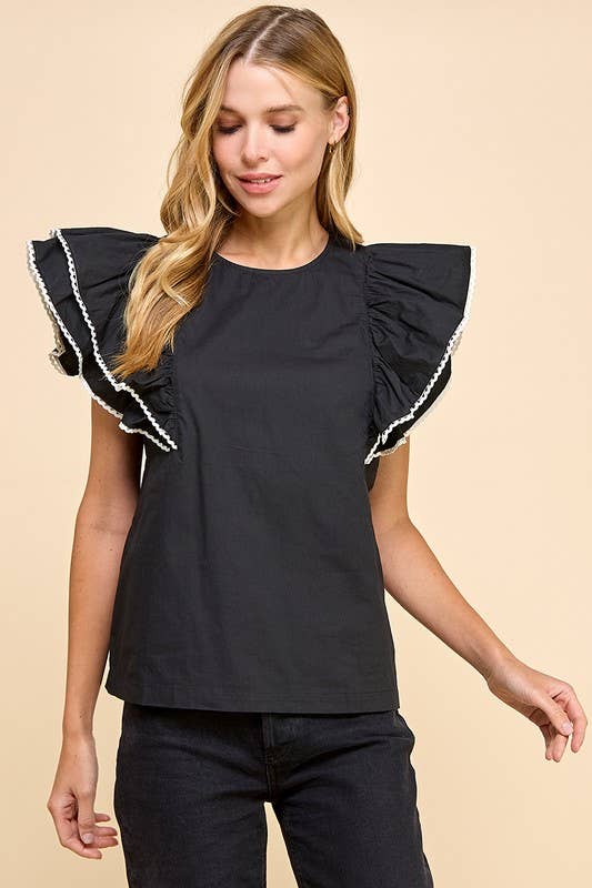 CT9010-Contrast Color Trim Ruffle Sleeve Top