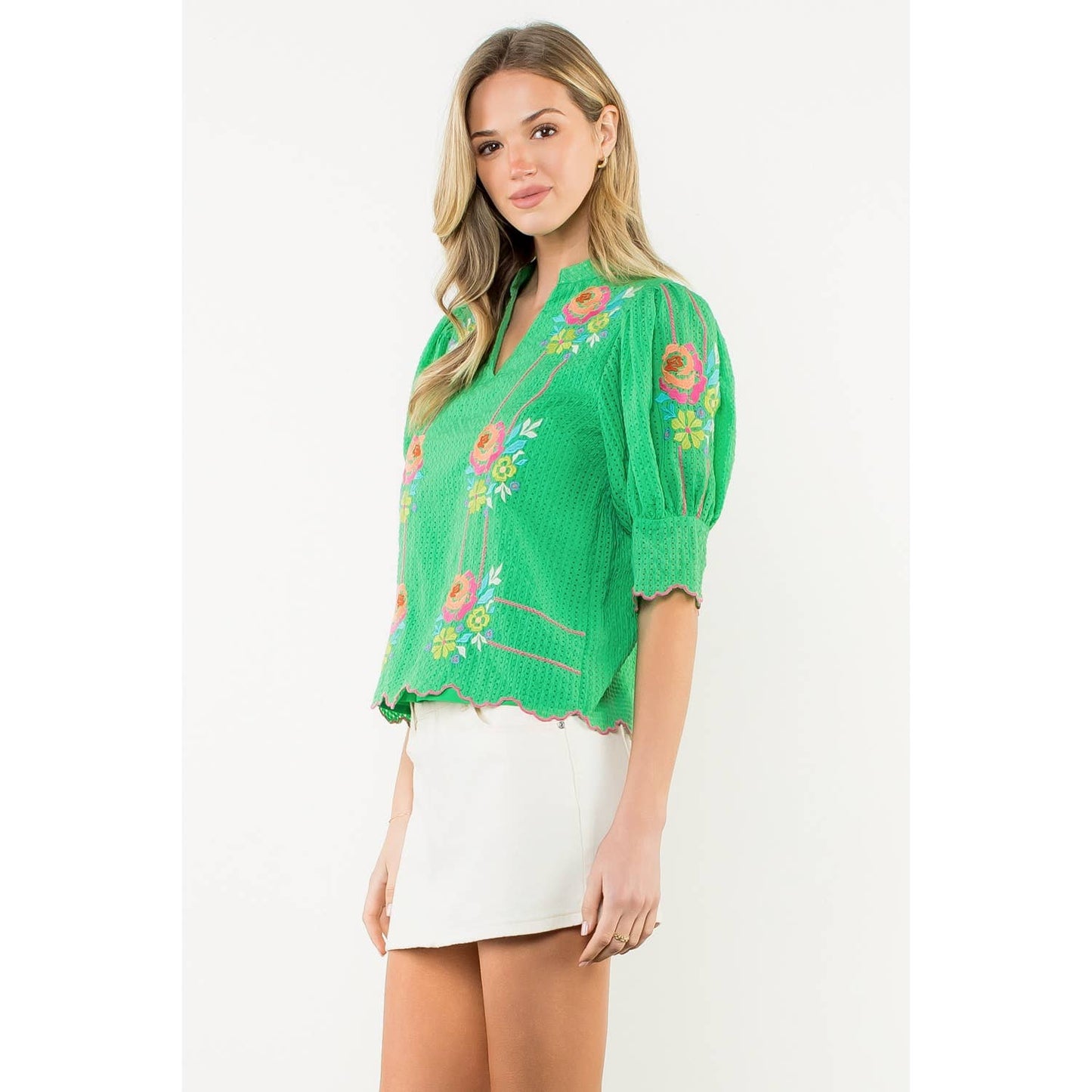 Embroidered Puff Sleeve V-Neck Top