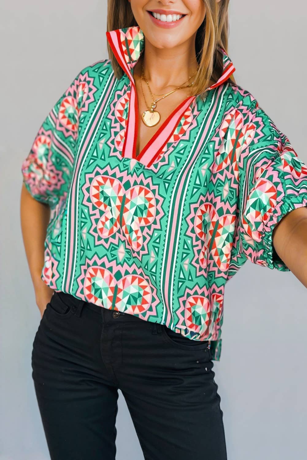 Geometric Butterfly Print Collared Blouse | S-XL
