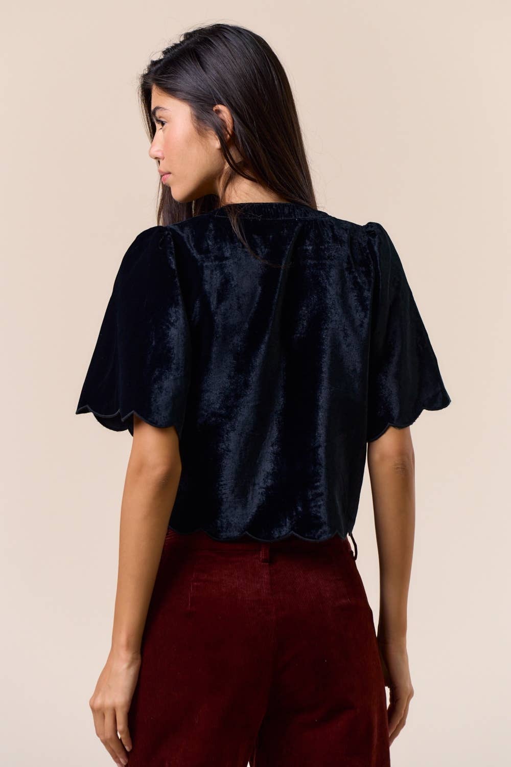 ILT6175-1 Velvet Peplum Top with Tie Front