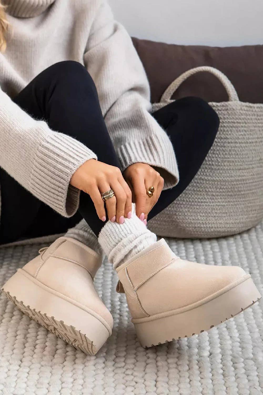 Cream Ultra Mini Platform Women Faux Fur Slip-On Ankle Boots