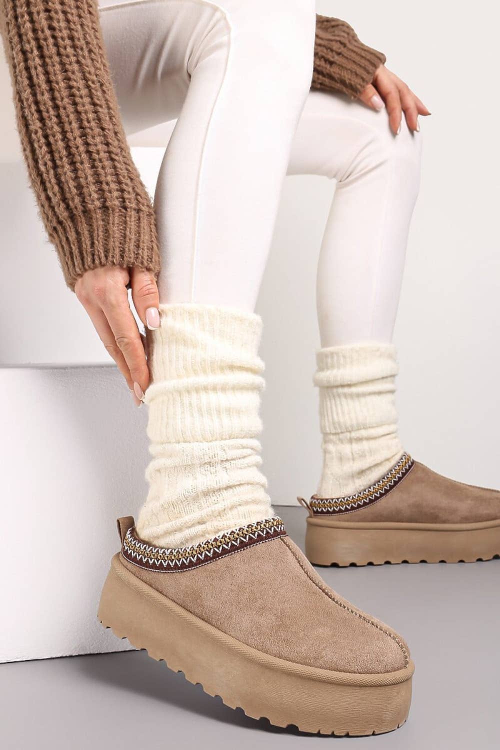 Women's Faux Fur Lined Slipper Platform Sliders Aztec Mules