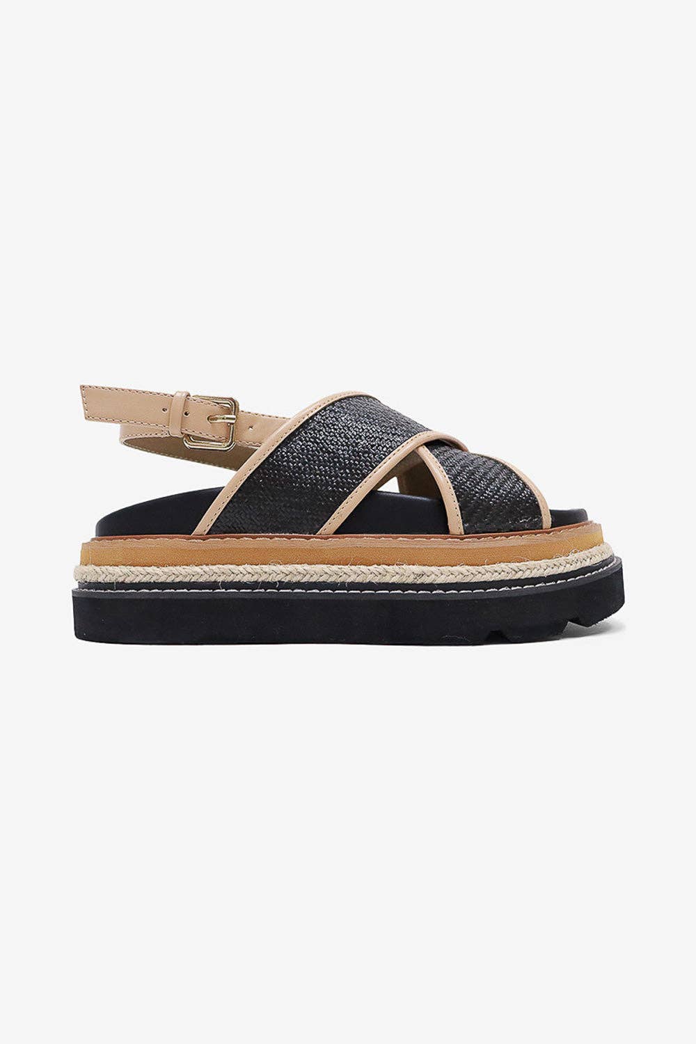 ODI - Tropical Platform Sandals, Woven Straps, Stylish Black