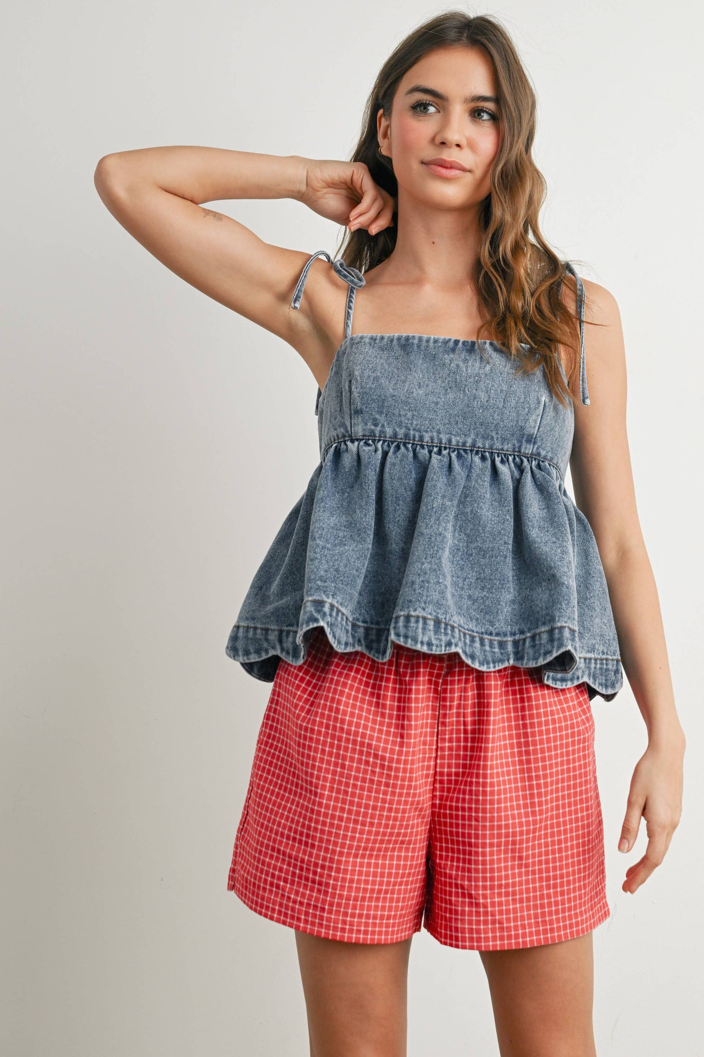 Denim Tie-Strap Peplum Top - BMT7722