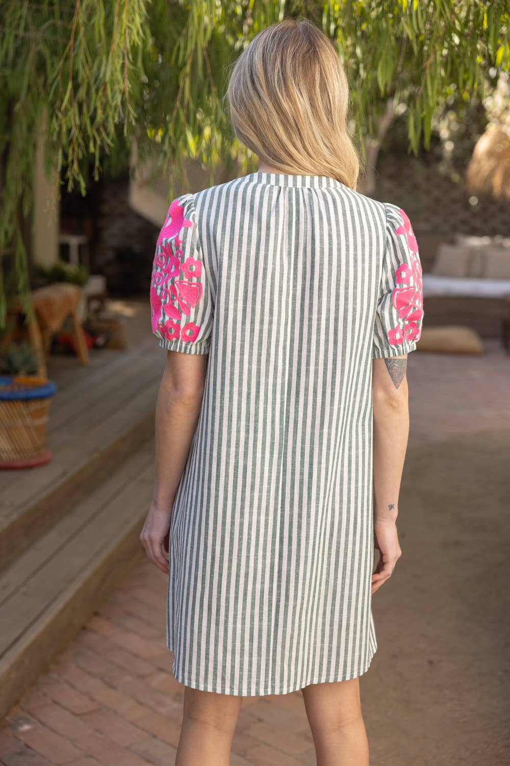 Striped Short Sleeve with Floral Embroidery Dress