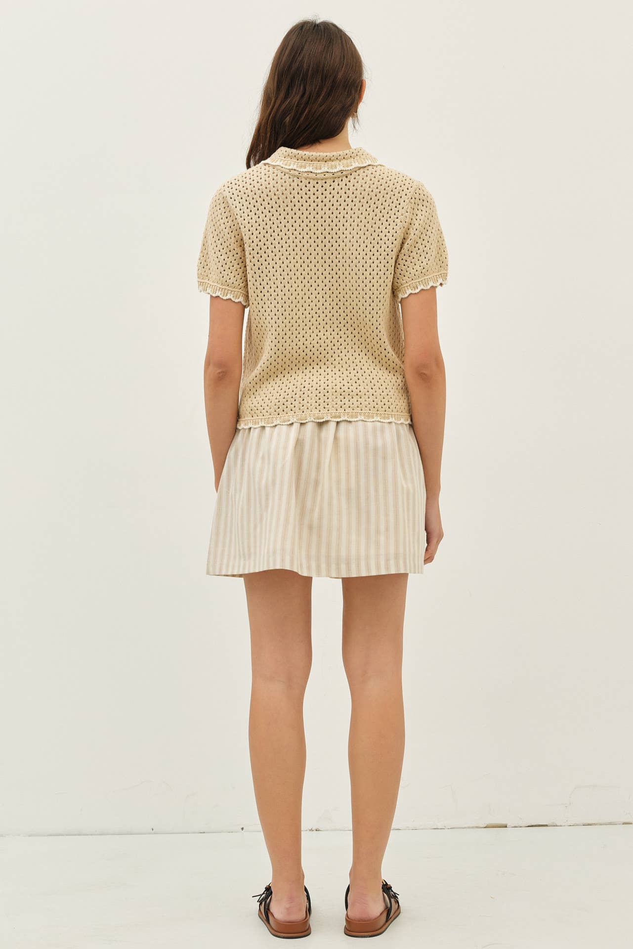 CONTRAST SCALLOP BUTTON-DOWN SWEATER CARDIGAN WITH POCKETS