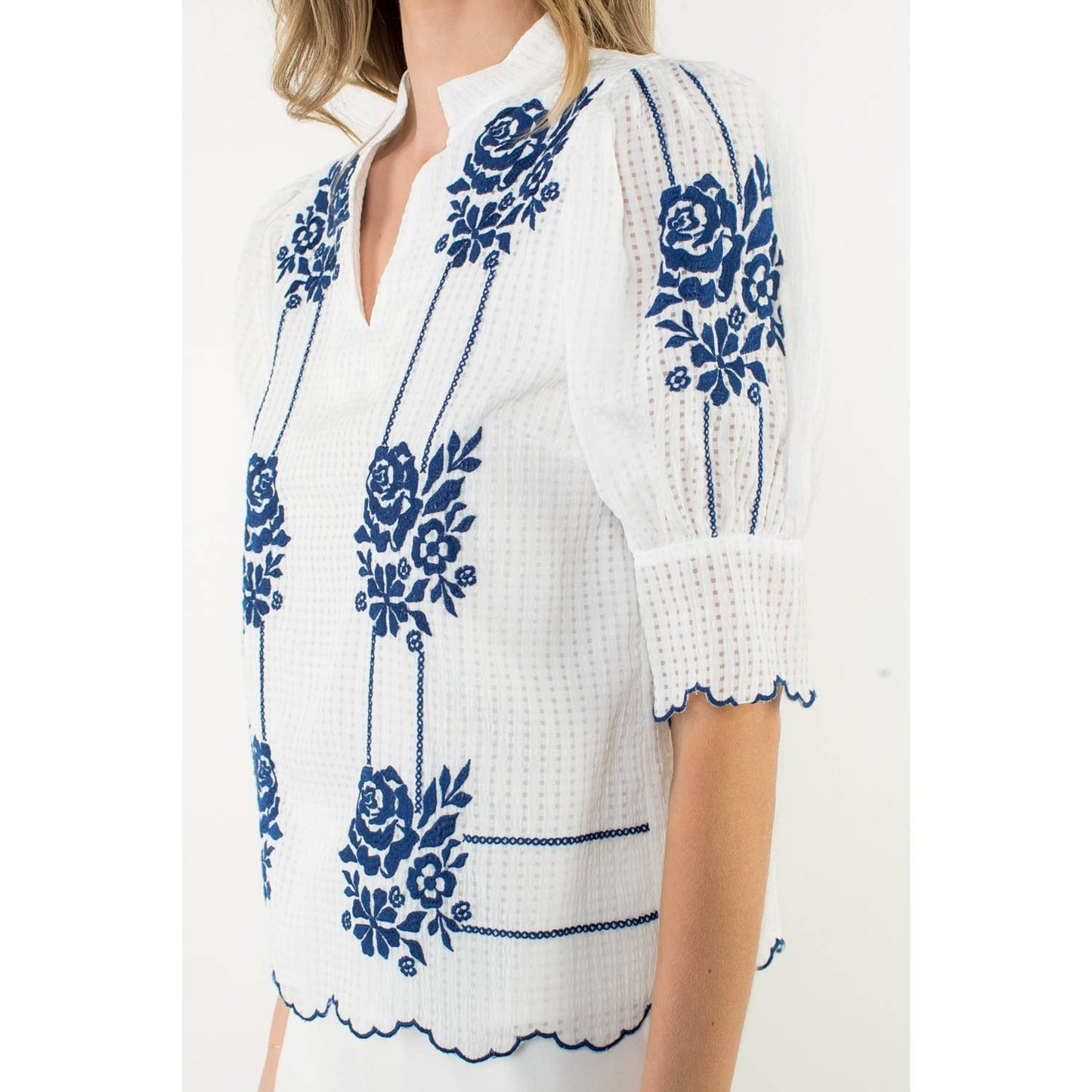 Embroidered Puff Sleeve V-Neck Top