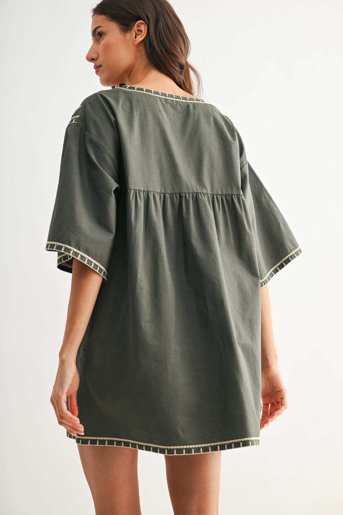 CED26811 Embroidered Shift Dress with Deep V-Neckline
