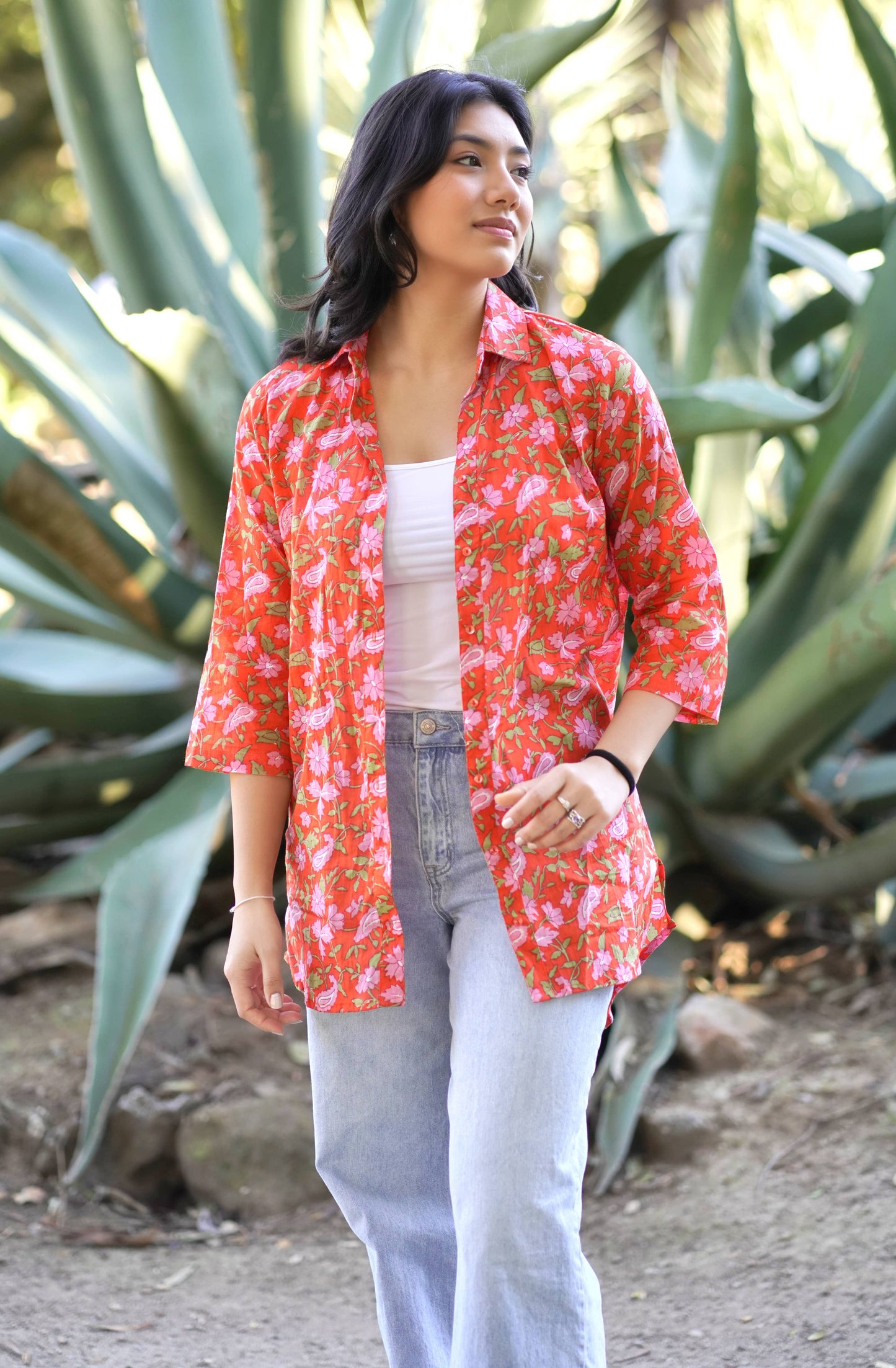 Nina Floral Button Down Shirt Coral