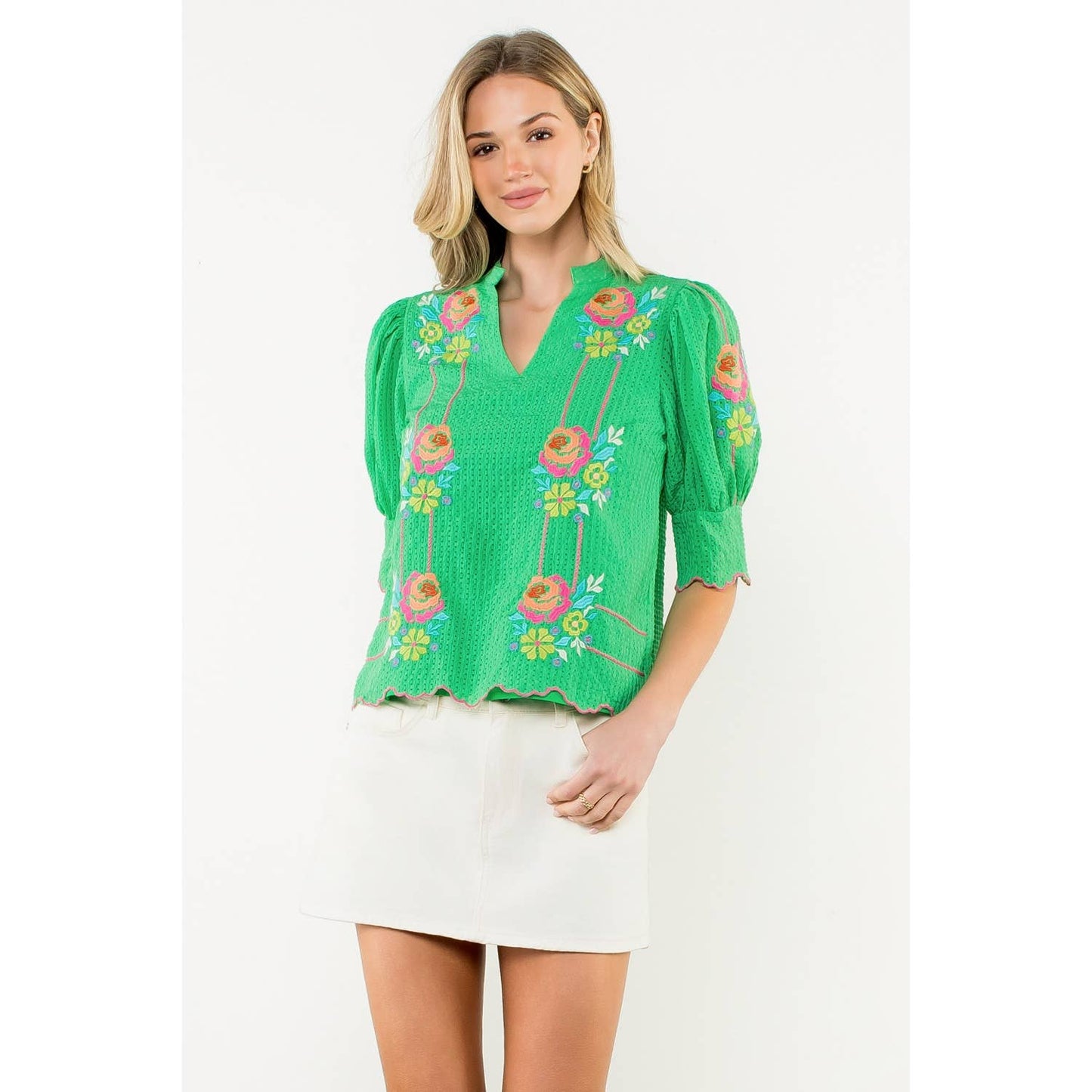 Embroidered Puff Sleeve V-Neck Top